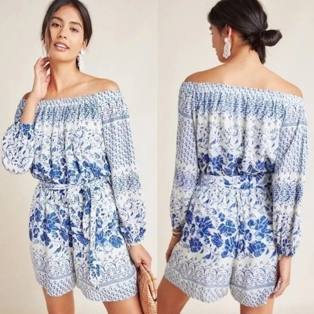NWT Anthropologie Clemente Off the Shoulder Romper Size S Blue White Long Sleeve